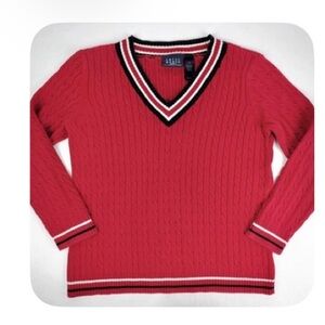 Red V-Neck Sweater with Striped Trim